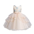 thumbnail image 4 of Gubotare Robe Bébé Robe Petite Fille Formelle Contraste en Maille Manches Courtes Ligne A Robes de Fête 4T 5T (Beige, 4-5 Ans), 4 of 9