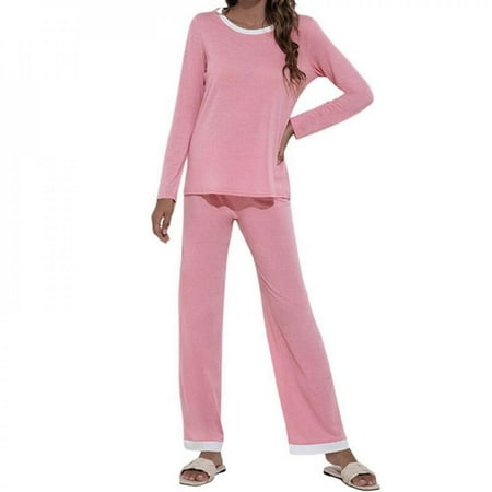 

Promotion! Autumn Home Casual Round Collar Splice Set Two-piece Pajamas Women