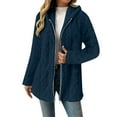 thumbnail image 3 of Women's Mid Length Plush Jacket, Zip Front Hooded Coat with Embossed Pattern, Short Pile Fleece Outerwear, Soft Textured Casual Top, Long Sleeve Everyday Wear Navy XL, 3 of 10