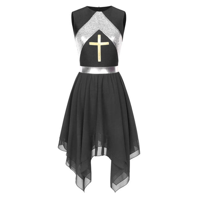 Hansber Robe de Danse Lyrique Sans Manches pour Femmes, Ourlet Irrégulier, Noir F1046