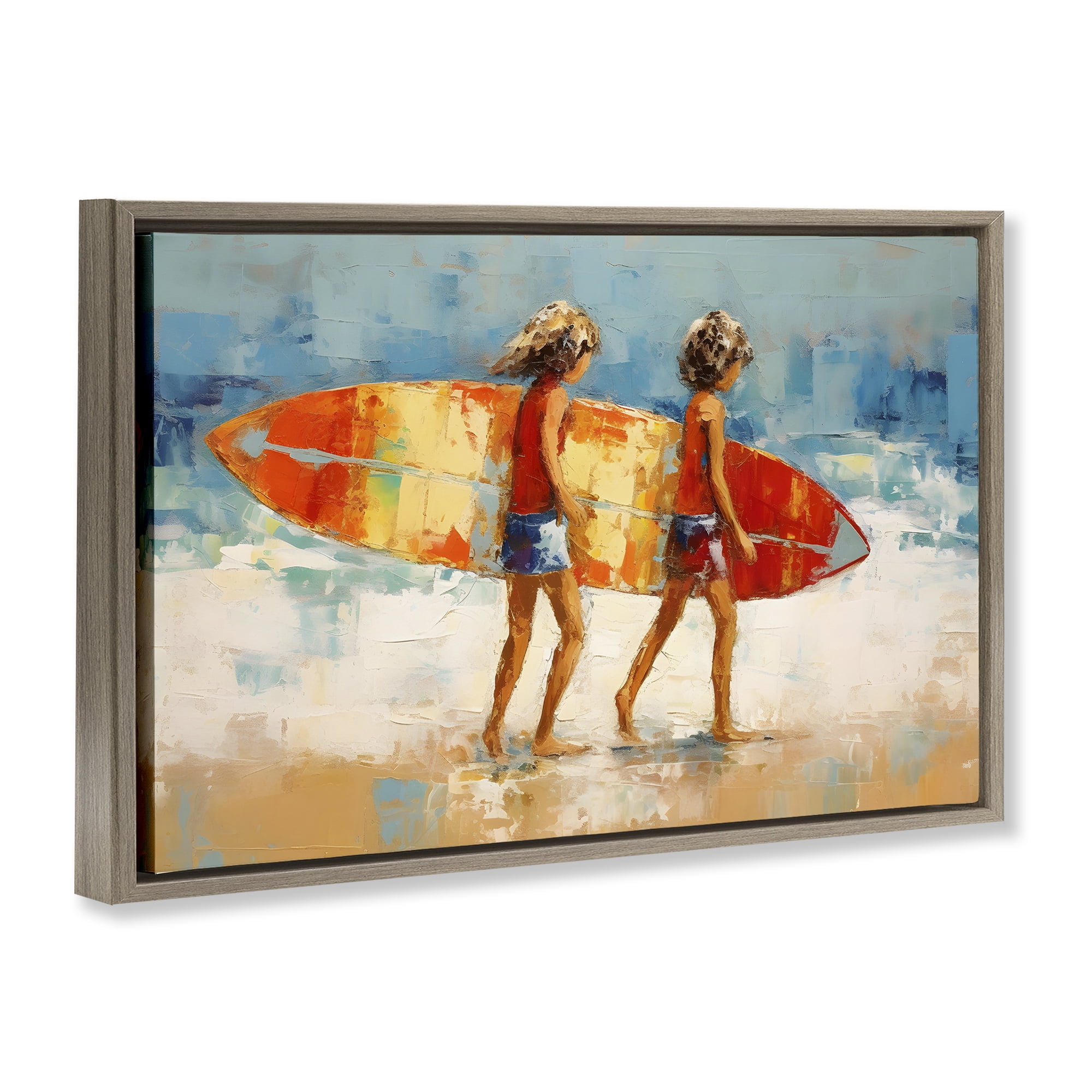 Stupell Industries Kids Holding Surfboard People Painting Brown Floater Framed Canvas Art Print Wall Art, 31 x 21