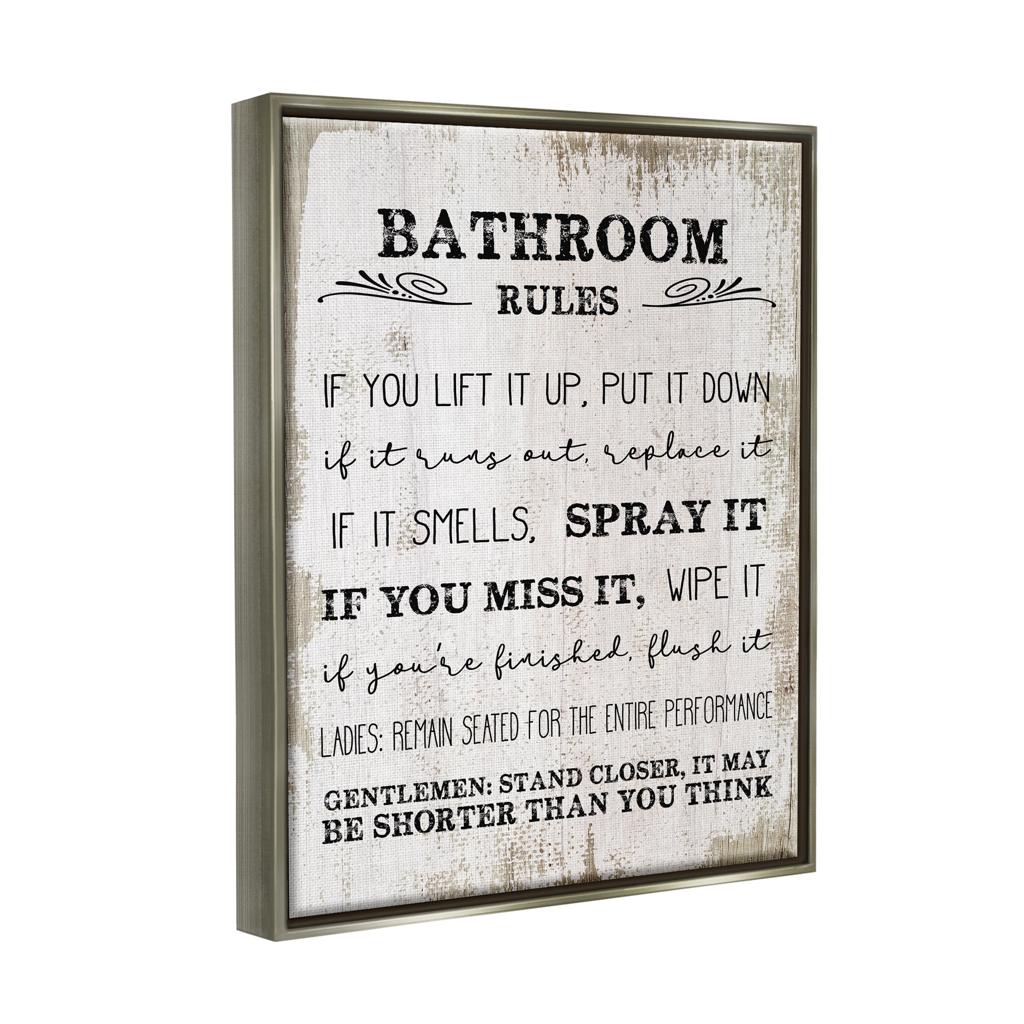 Stupell Industries Bathroom Rules Funny Word Wood Textured Design Luster Gray Framed Floating Canvas Wall Art, 16x20, by Daphne Polselli