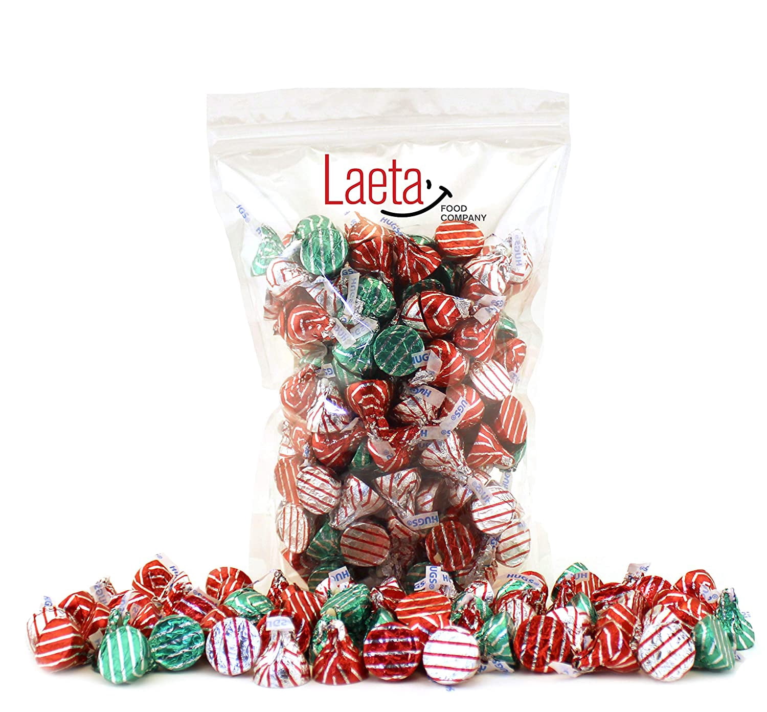 LaetaFood HERSHEY'S HUGS KISSES Milk Chocolate Candy with White Creme Red Silver Green Striped (2 Pound Bag)
