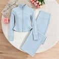 thumbnail image 4 of BXJX Girls Yoga Outfit Sets, 2 Piece Long Sleeve Zip up Sports Jacket and Flare Pants Sets Light Blue Size 14-15 T, 4 of 8