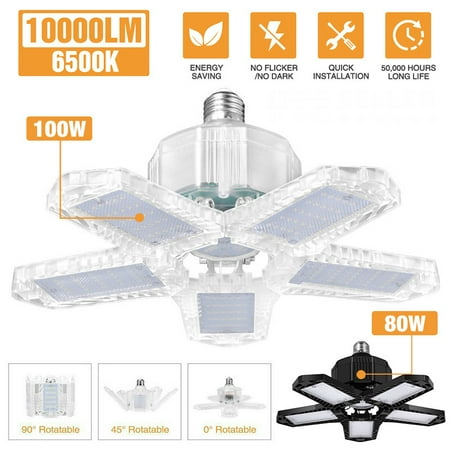 

LED Garage Lights 80W 8000LM，Deformable LED Garage Ceiling Lights with 5 Adjustable Panels E26/27 for Garage，Warehouse，Workshop，Black