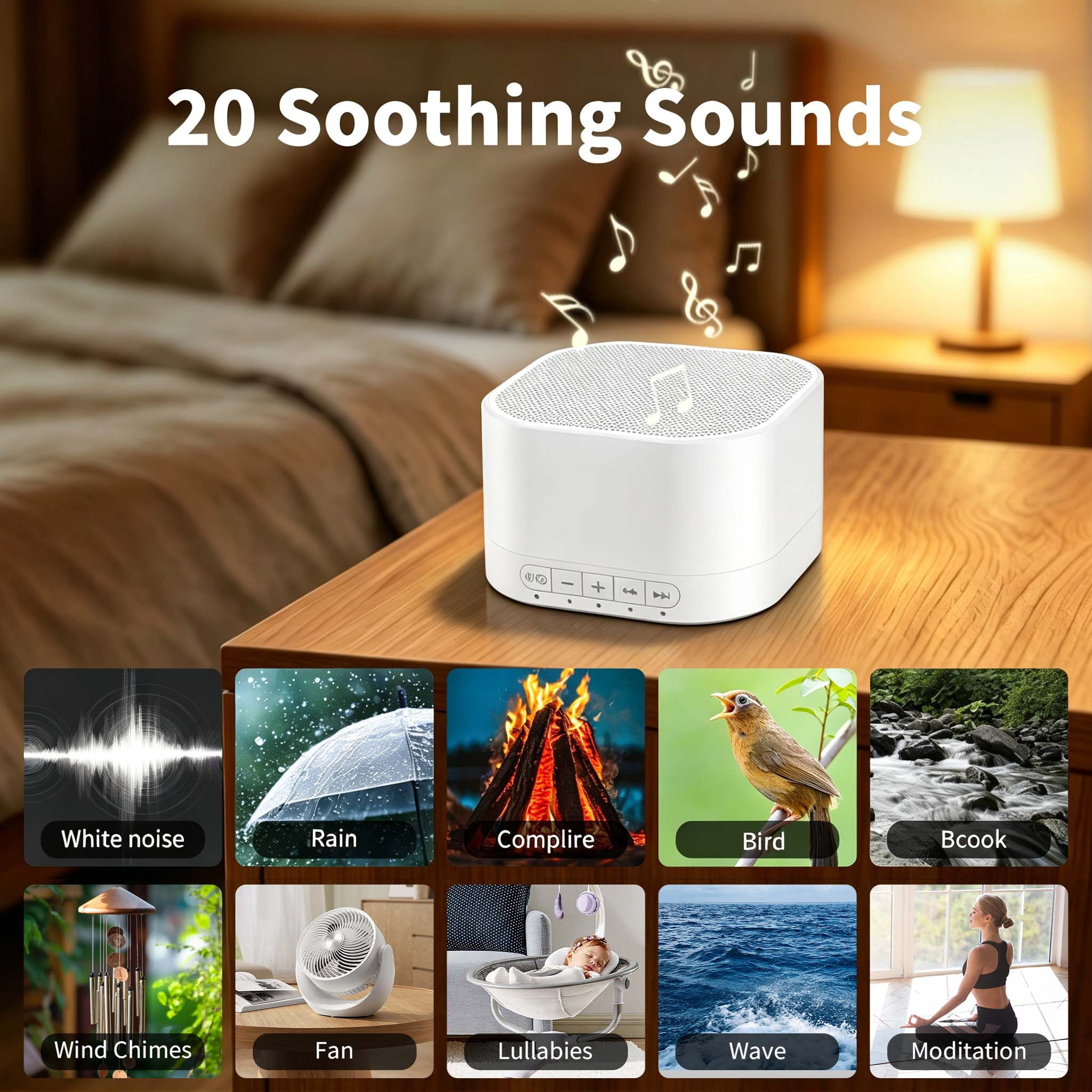 Magicteam White Noise Machine with 20 Non Looping Natural Soothing Sounds and Memory Function 32 Levels of Volume Powered by AC or USB and Sleep Sound Timer Therapy