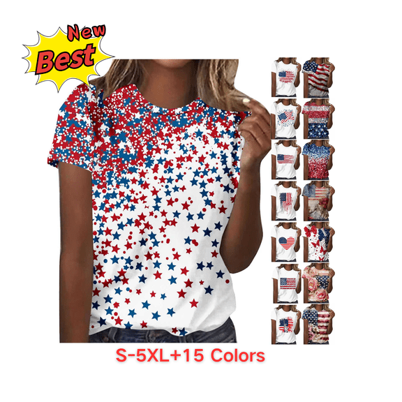 Qingpeng American Flag Shirts for Women 4th of July Patriotic T-Shirt Women's Independence Day Short Sleeve Printed Casual Short Sleeve Crewneck Tops Size S-5XL
