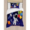 thumbnail image 3 of Kids Birthday Duvet Cover Set King Size, Space Lover Theme Astronaut with Party Balloons on Blue Colored Backdrop, Decorative 3 Piece Bedding Set with 2 Pillow Shams, Multicolor, by Ambesonne, 3 of 3