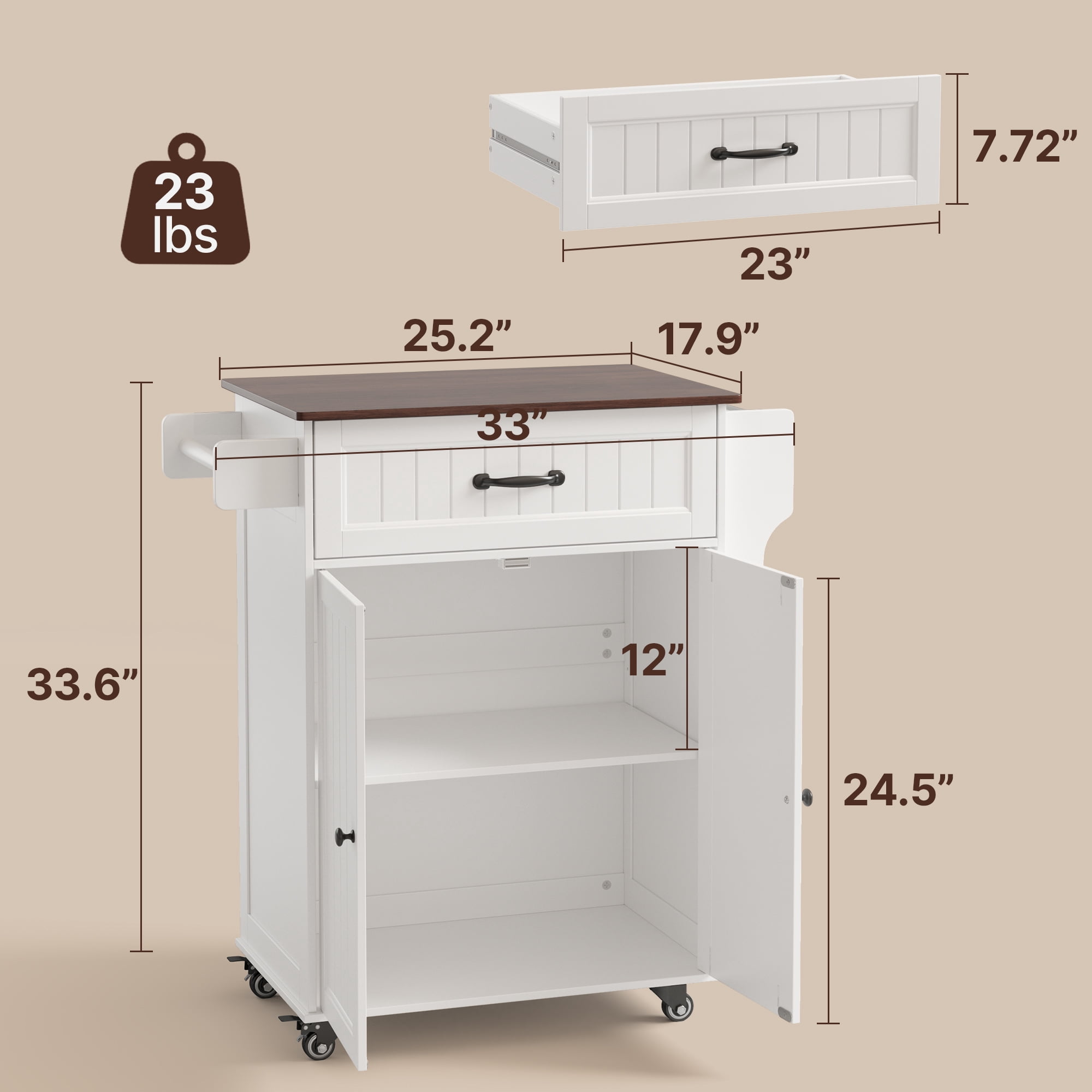 Kitchen Island Cart with Storage, Lofka Microwave Stand with Spice Rack, Towel Rack, Adjustable Shelf, 1 Drawer, White+Retro Desktop