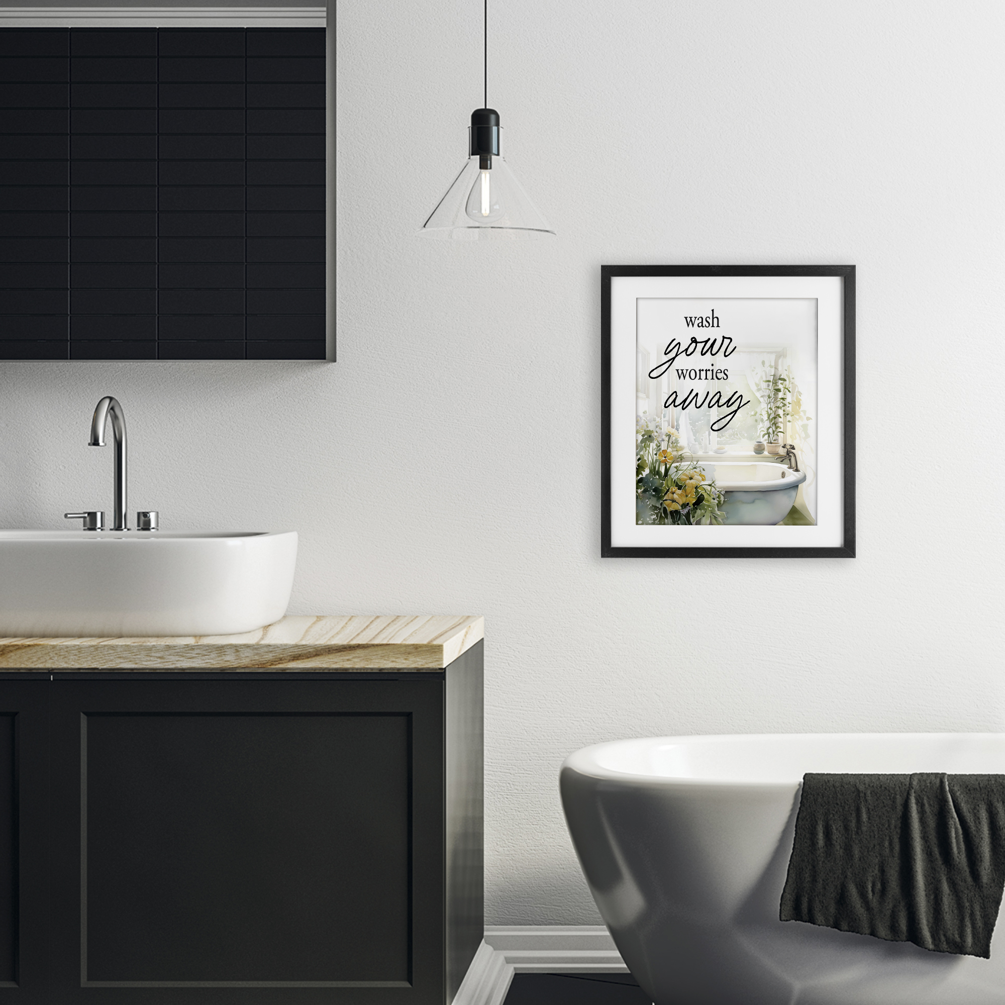 Wash Worries Away Sunlit Bath Black Framed Print Under Glass, design by Lettered and Lined
