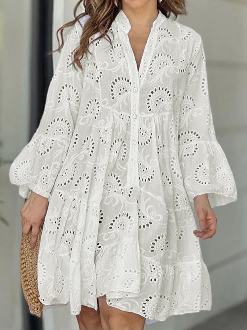 Biekopu Women's Embroidery Lace Shirt Dress Eyelet Hollow Out Long Sleeve  Front Button V-Neck Loose Midi Dress for Party - Walmart.com
