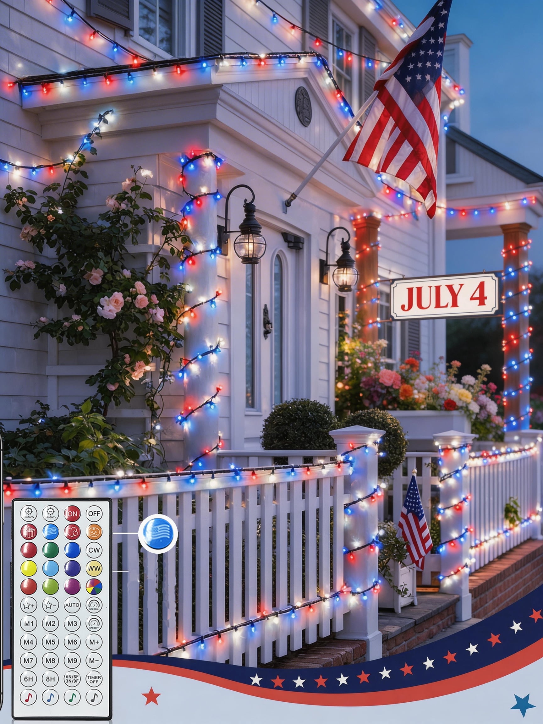 Beatineon 65.6ft 4th of July Decor Patriotic Lights, RGB Smart String Lights,200 LEDs APP & Remote Control with Music Sync, IP44 Waterproof Dark Green Wire for Indoor Outdoor Party Decor