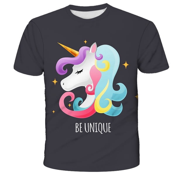 Verano niñas 3-14 años unicornio camiseta 3d estampado lindo dibujos animados poliéster Tops manga corta camisetas Kids11T Gao Jinjia LED