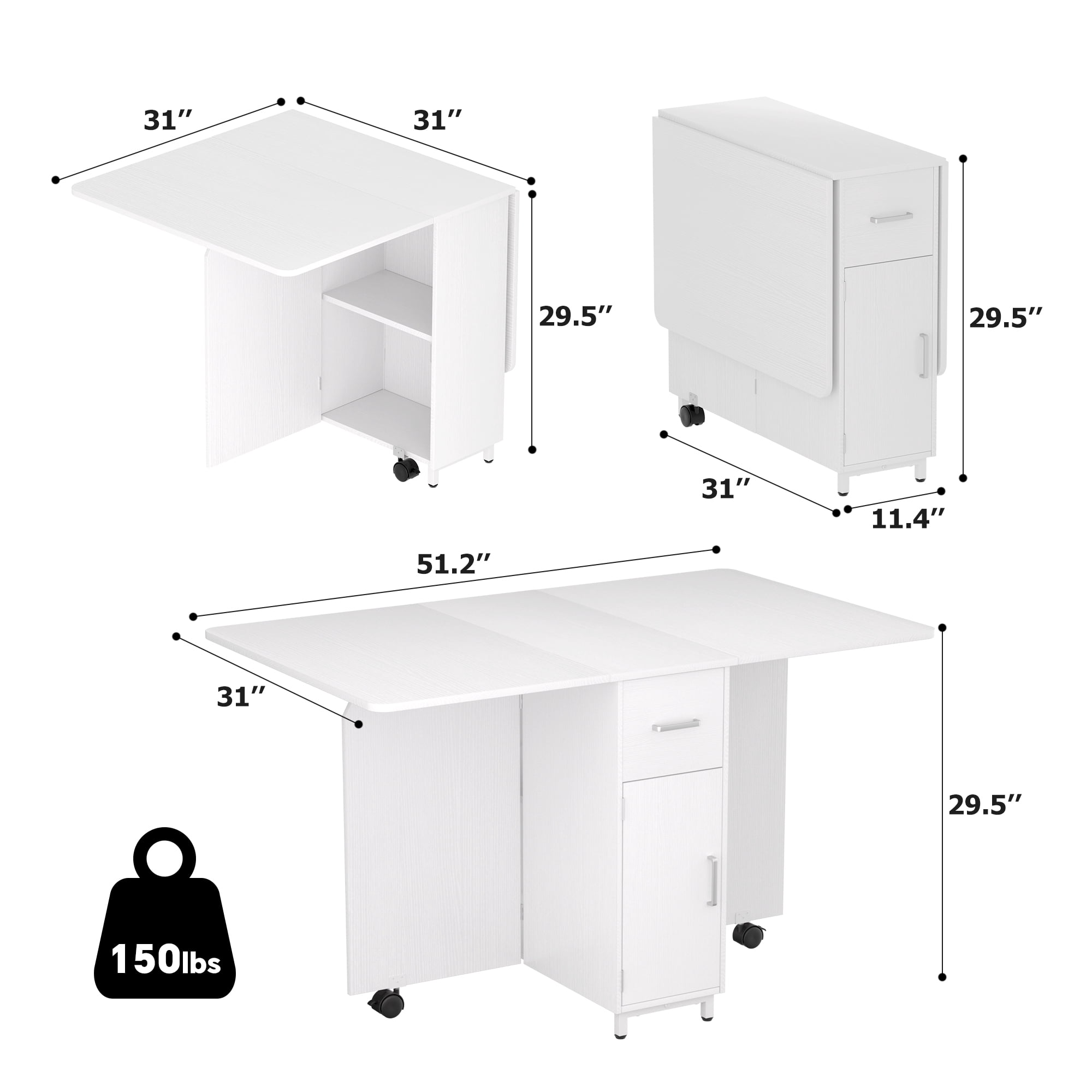 iSunirm Folding Dining Table with Storage, 51.2" Dining Table for 2-4 People, Wooden Dining Table with Under Cabinet, Desktop is Foldable., Portable Dining Table for Home, White