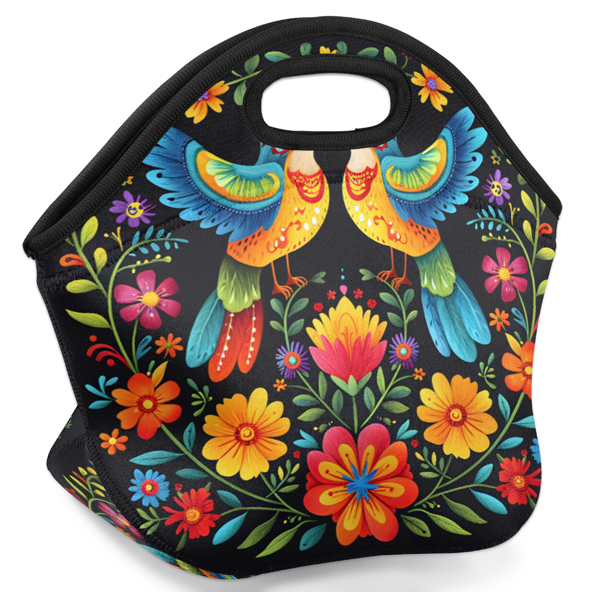 Herdesigns Boho Bird Neoprene Lunch Bag, Colorful Flower Insulated Lunch Box for Women Men Washable Lunch Tote Soft Lunch Container With Zipper for Work Picnic Travel