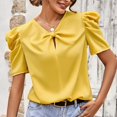 thumbnail image 3 of Top casual de mujer de moda de color puro con lazo grande y cuello en V de manga corta abombada para citas, 3 of 6