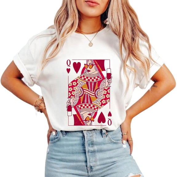Queen of Hearts Print Tshirts Vintage Graphic Tees Funny Playing Cards Design Cotton Shirts Short Sleeve Casual Tops for Daily Outfits