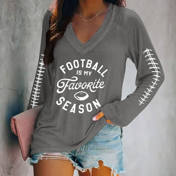 Uootdi Plus Size Football Long Sleeve Shirts for Women V Gift Neck Print Graphic Fall Sweatshirts Casual Pullover Cute Tops Gift