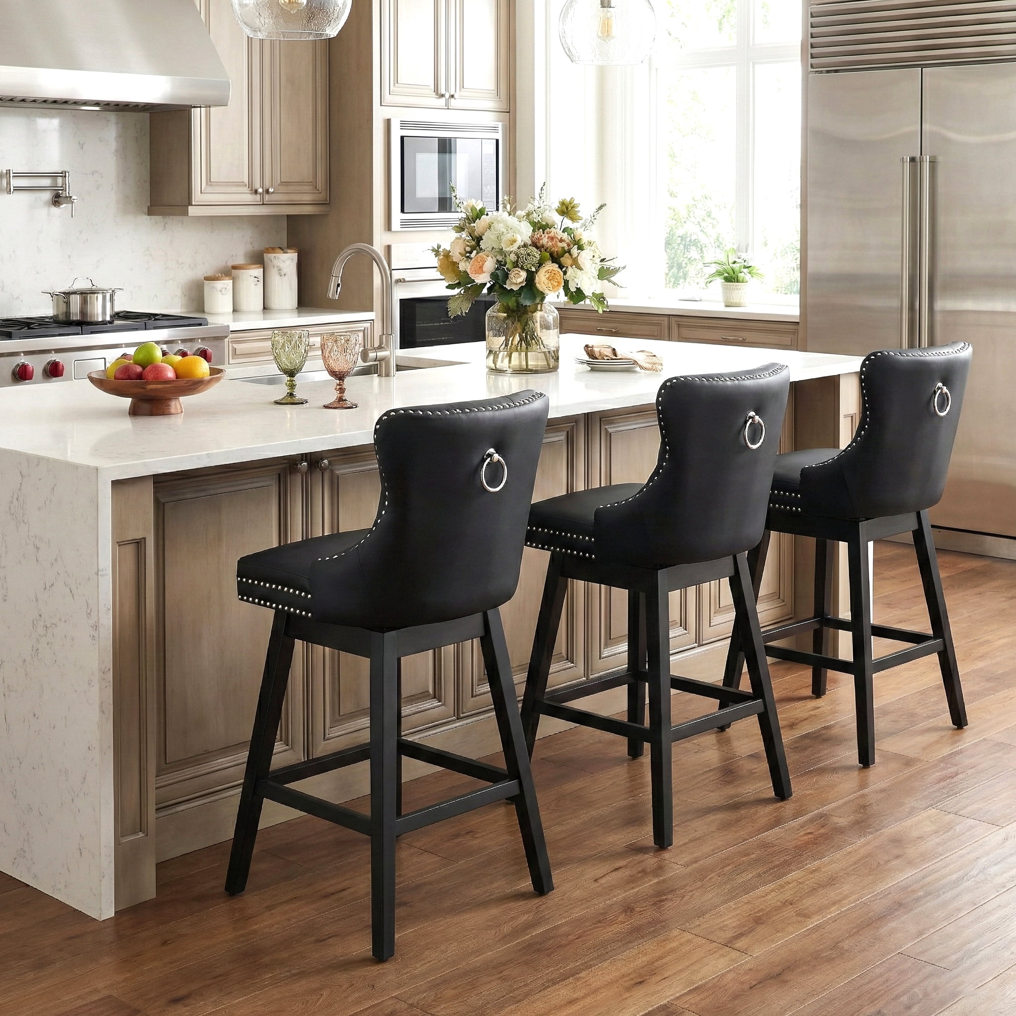Fahomiss Swivel Bar Stools Counter Height Set of 3, 26" Faux Leather Kitchen Island Stools with Back, Black