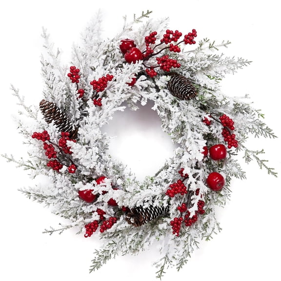18 Inch Christmas Wreath for Front Door, Artificial Snow Flocked Wreath with Pine Cones Berries Red Apples, Red & White Small Wreath for Fireplace Windows Wall Table Centerpiece Xmas Decor