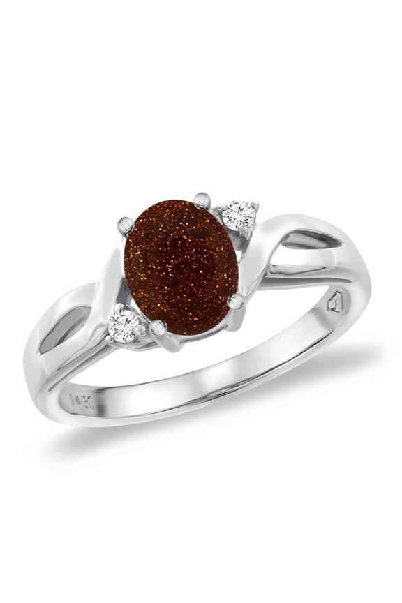 14K White Gold Diamond Natural Goldstone Engagement Ring Oval 8x6 mm, size 5