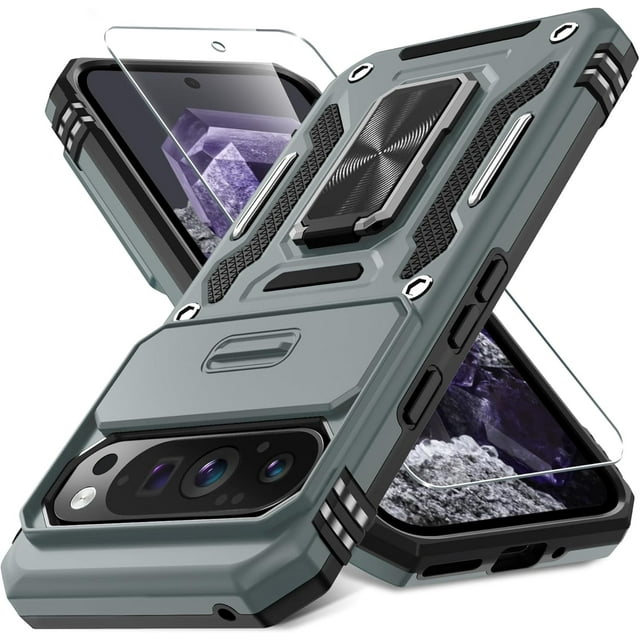 KOMI Case for Google Pixel 9/9 Pro with Slide Camera Cover+Screen Protector(1 Pack), Rotated Ring Kickstand Military Grade Shockproof Protective Cover-Grey