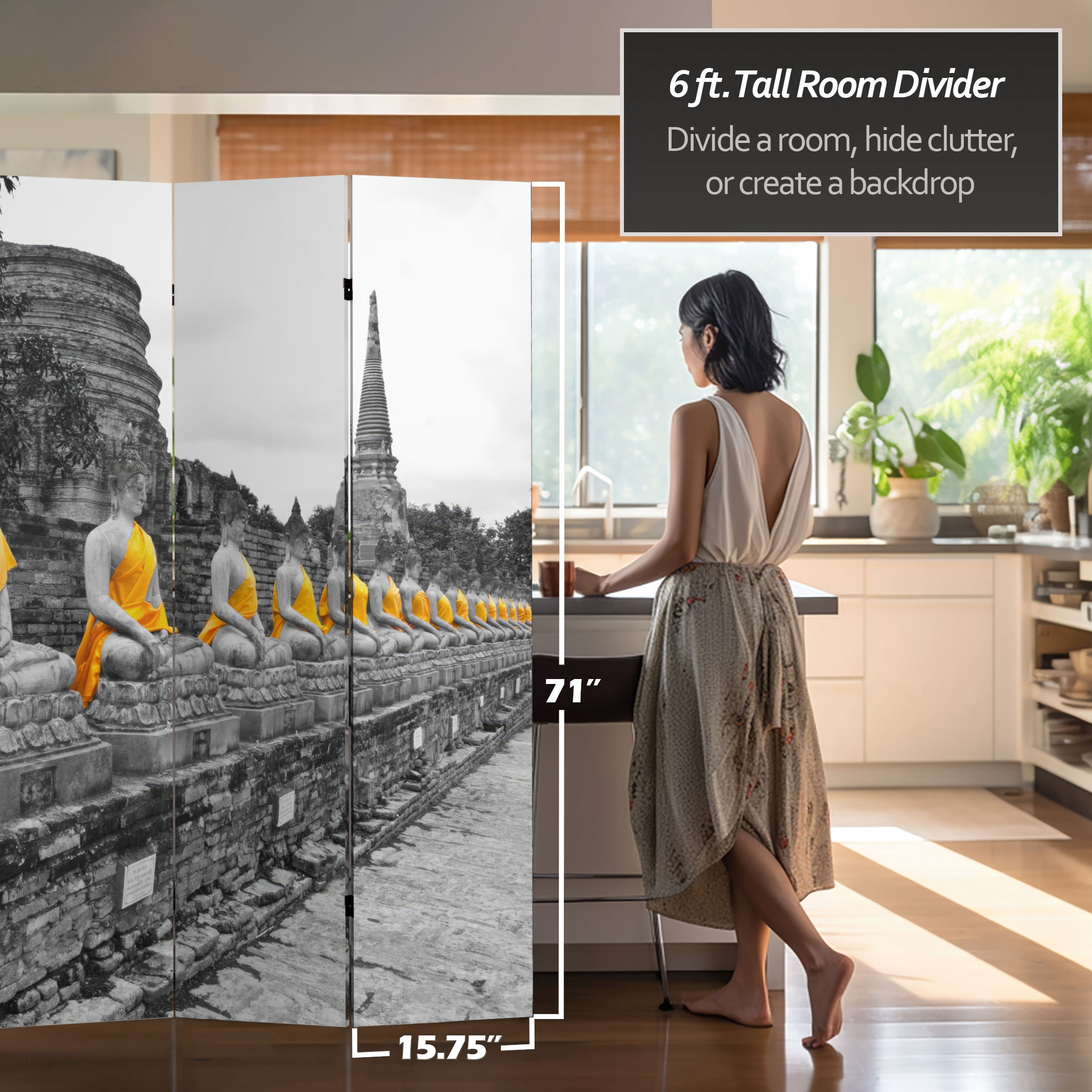 6 ft. Tall Golden Buddha Canvas Print Folding Screen Room Divider