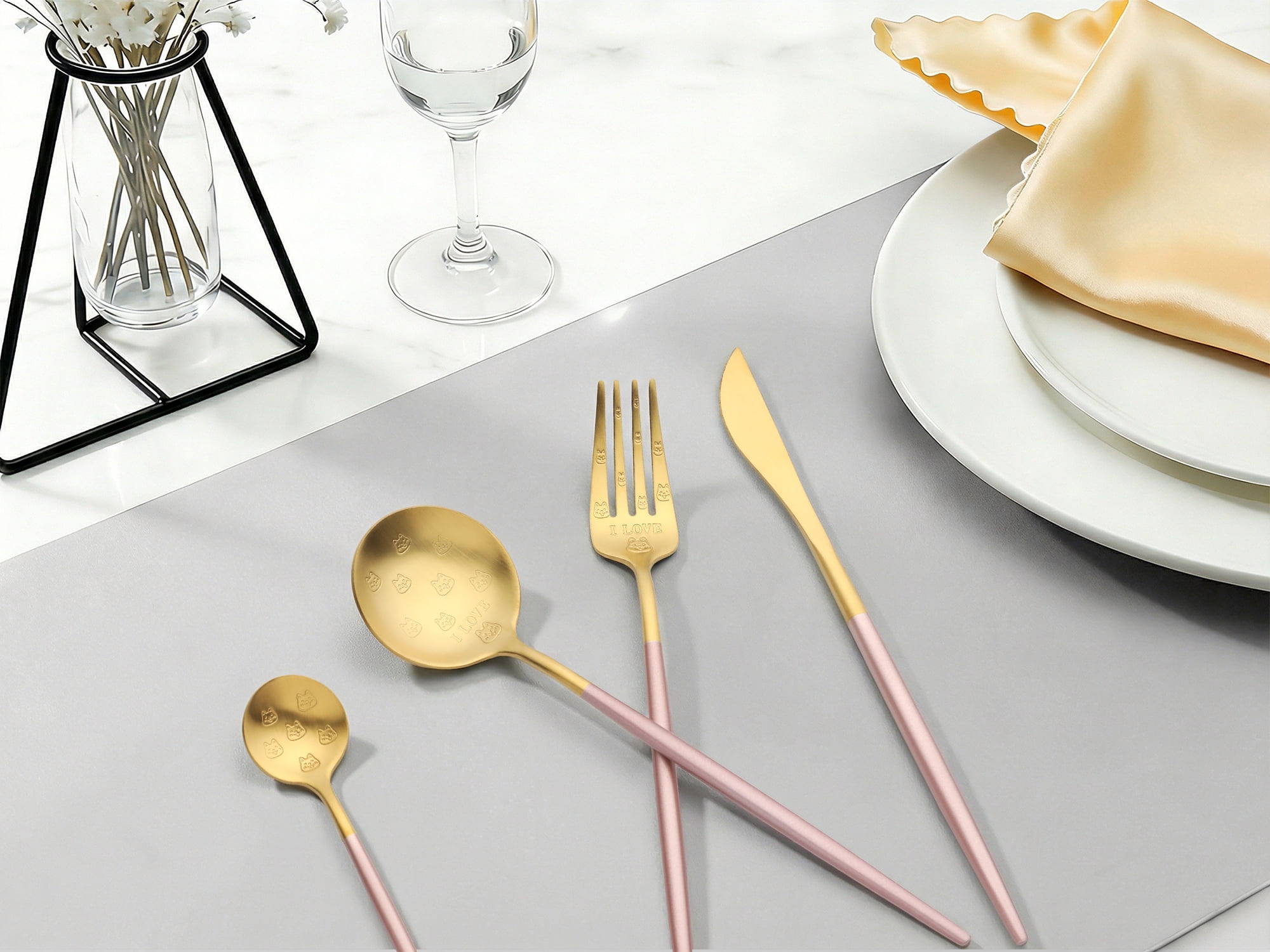 Unique Bargains 4 Piece Stainless Steel Floral Flatware Modern Cutlery Set Pink 4