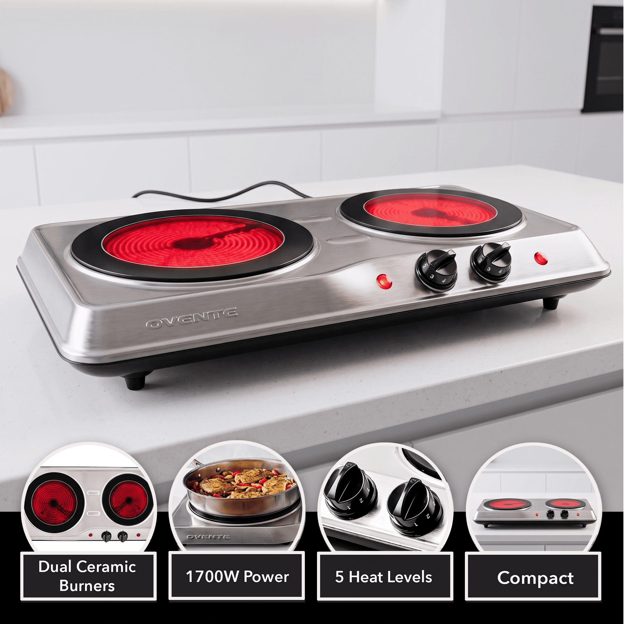 OVENTE Electric Infrared Double Burner, 1700W Hot Plate, Silver BGI102S, Portable Stove with 7.75" and 6.75" Ceramic Glass Cooktop, 5 Level Temperature Setting and Easy to Clean Stainless Steel Base