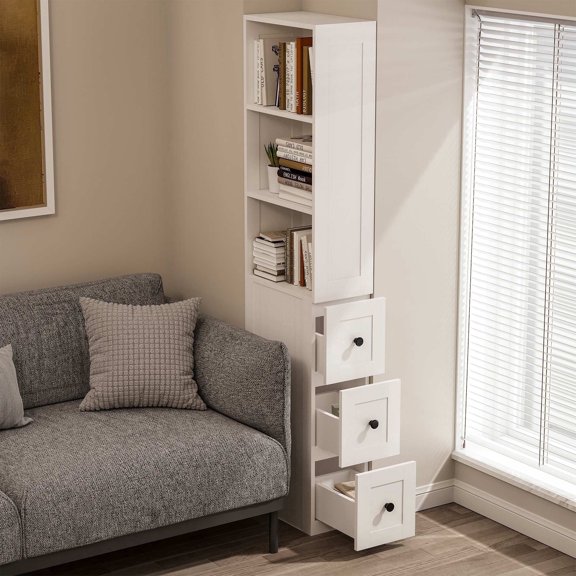 LAUSAINT HOME Bathroom Storage Cabinet, Tall Thin White Storage with 2 Adjustable Shelves & 3-level Drawers for Home, Kitchen