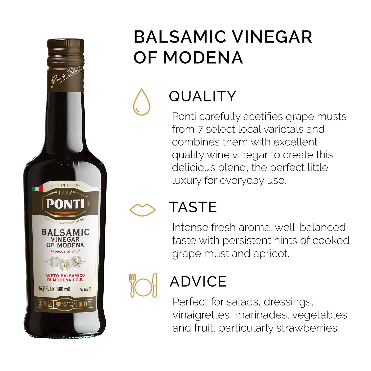 (3 pack) PONTI Balsamic Vinegar of Modena, 16.9 fl oz