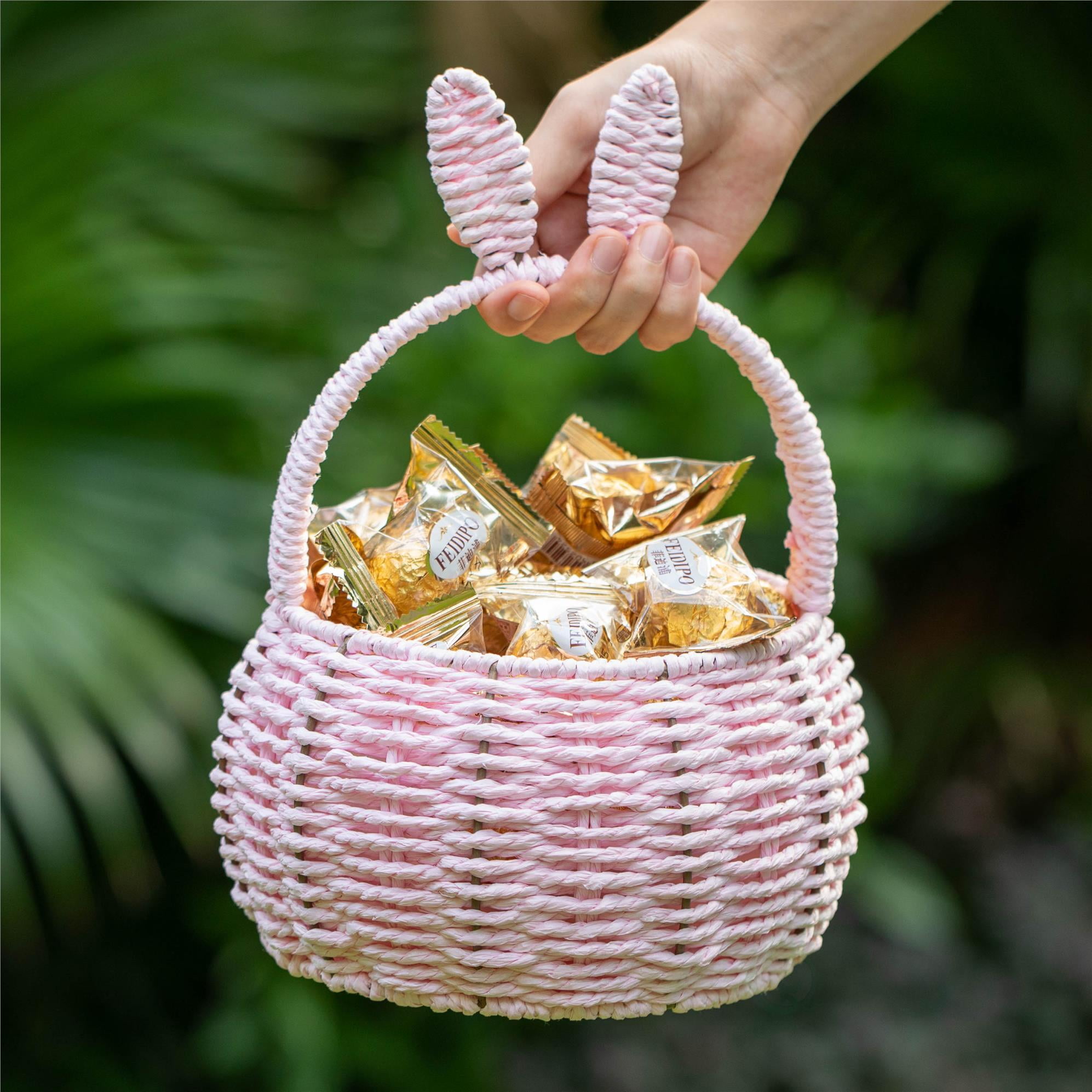 Wickerwise Hand-Woven Easter Bunny Ear Basket with Handle – Multi-Purpose Paper Rope Wicker Basket for Easter Egg Hunts, Picnics, Flower Arrangements, Food Storage, Party, and Home Decor, Pink