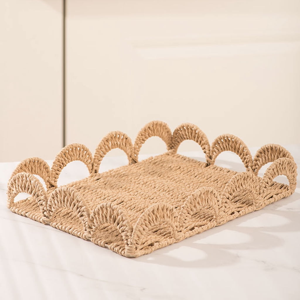 Zeiwohndc Handwoven Paper Rope Desk Organiser Natural Rattan Storage Tray for Desktop