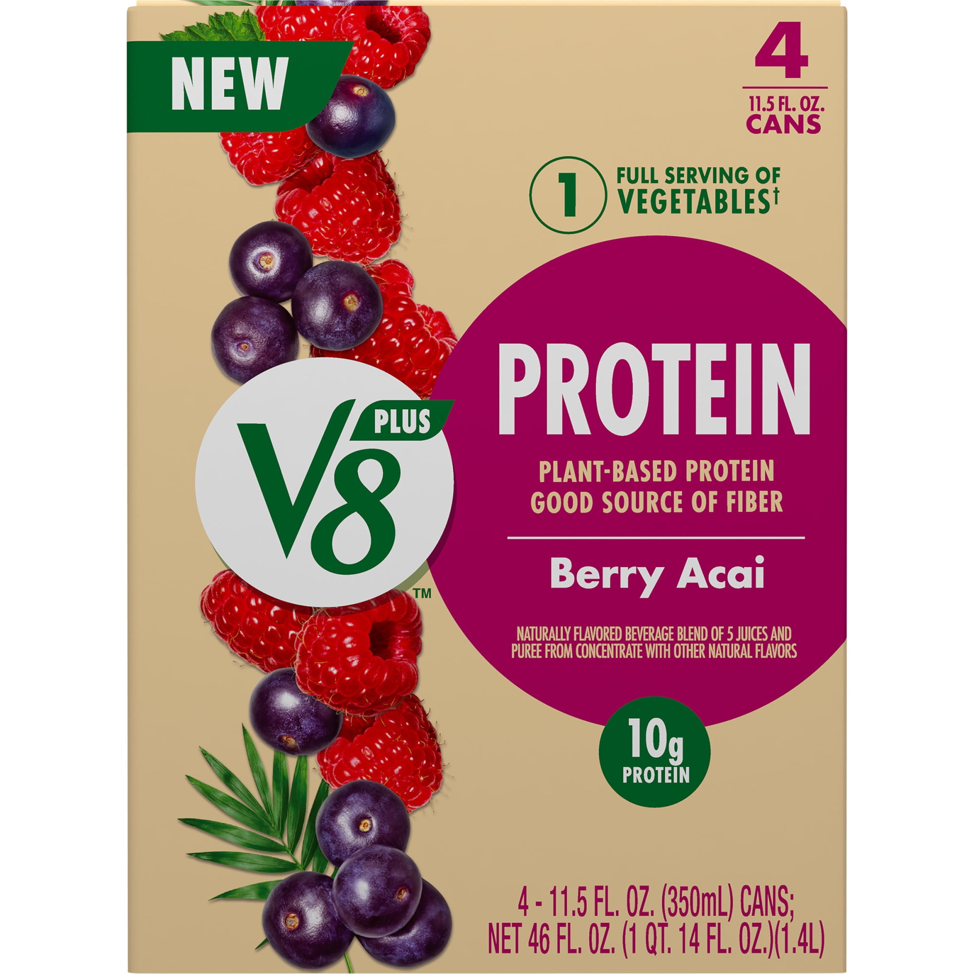 V8 +Protein, Plant-Based Protein Drink, Berry Acai, 11.5 Ounce Can, Pack of 4