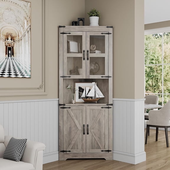 Gaderth Corner Cabinet, Tall Corner Storage Cabinet with Glass Door & Adjustable Shelves, 6-Tier Farmhouse Hutch with Storage for Living Room, Kitchen, Bathroom