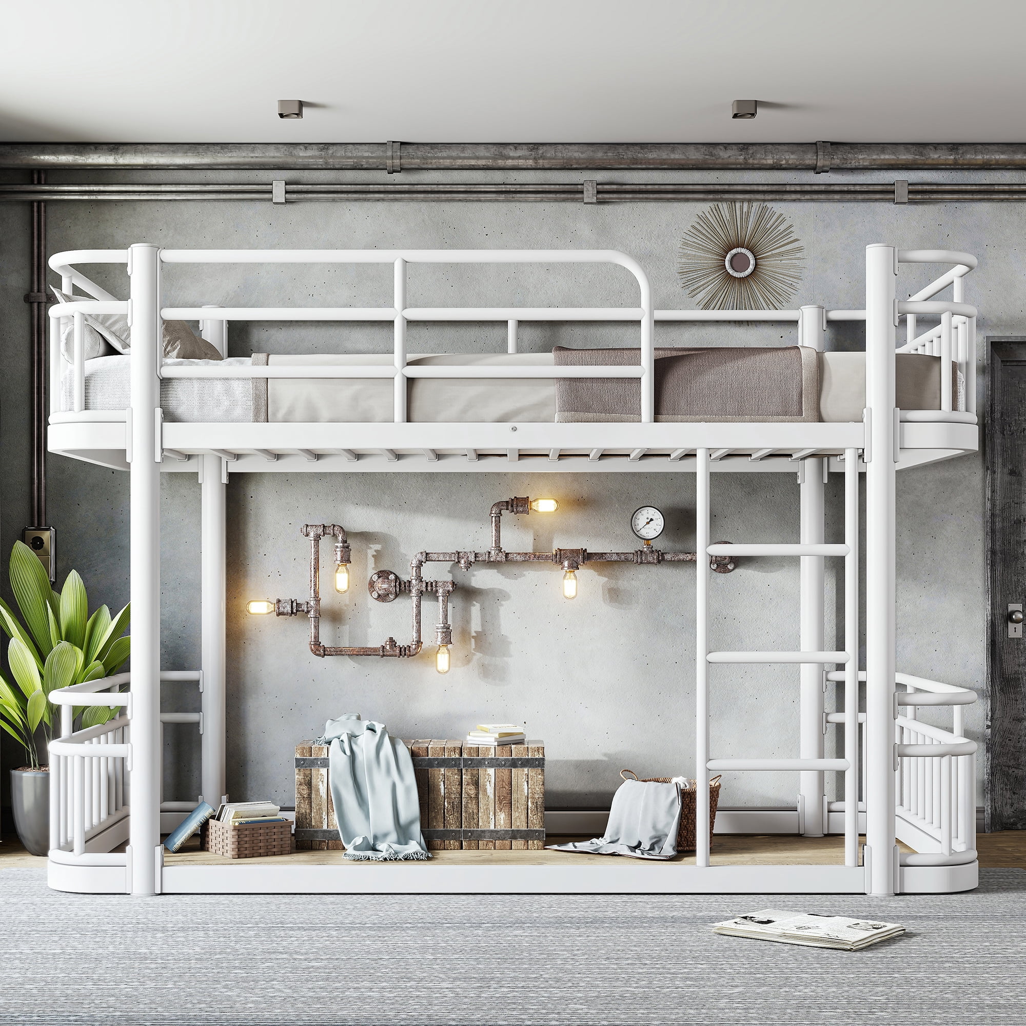 Leumius Twin XL over Twin XL Bunk Bed Frame with Ladders & Guardrails, Upgraded Round-Pipe Metal Frame, Stylish & Versatile for Any Room,White