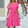 thumbnail image 5 of Clearance 2025! ZVNAΖH Womens Summer Casual Short Sleeve Swing Dress Tie Waist Knee Length Dress Crew Neck Pleated Flowy Dress, 5 of 7