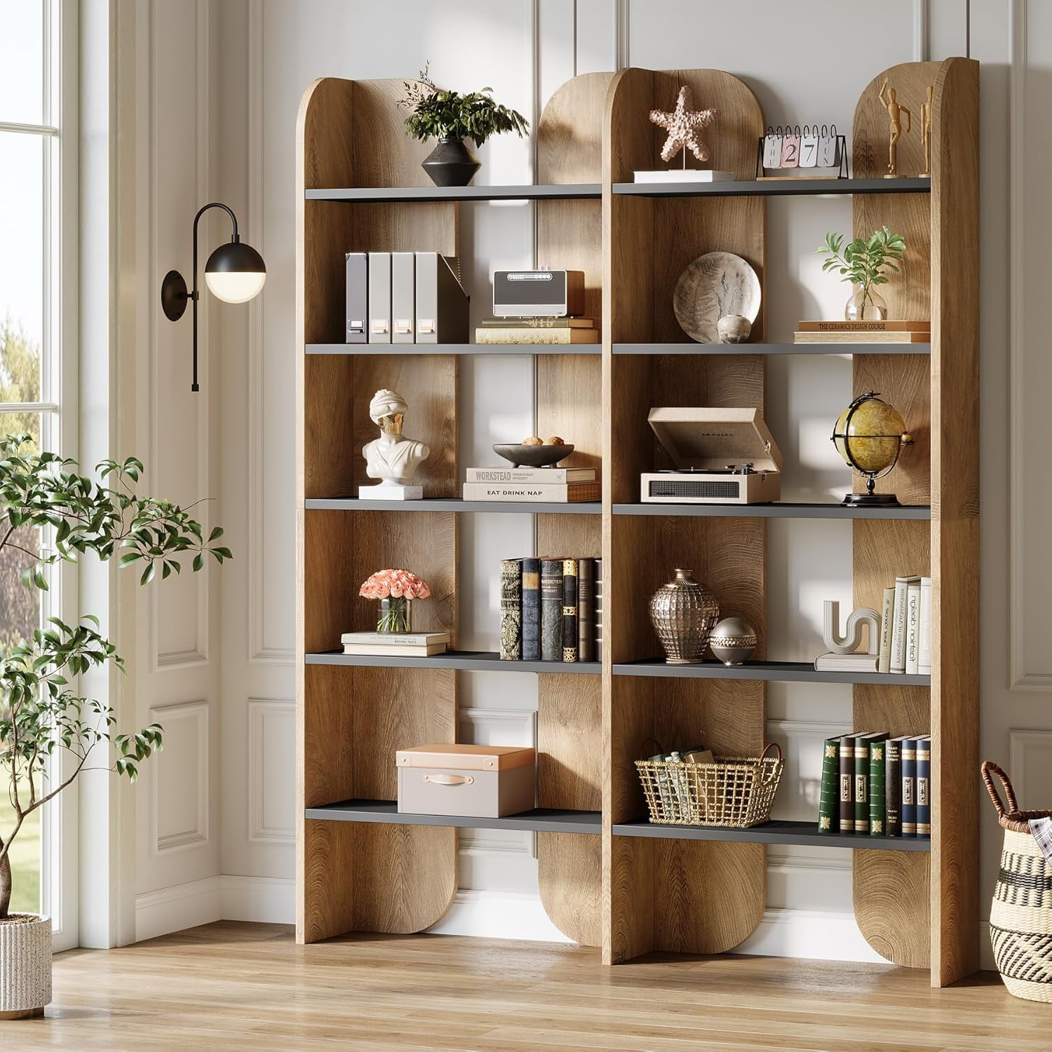 Tribesigns 5-Tier Farmhouse Bookshelf, 70.87-Inch Tall Double Wide Bookcase with Open Shelves