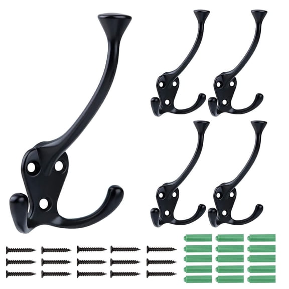 YIHATA 5 Pack Big Heavy Duty Three Prongs Coat Hooks Wall Mounted with 15 Screws Retro Double Utility Rustic Hooks for Thick Coat (Black)