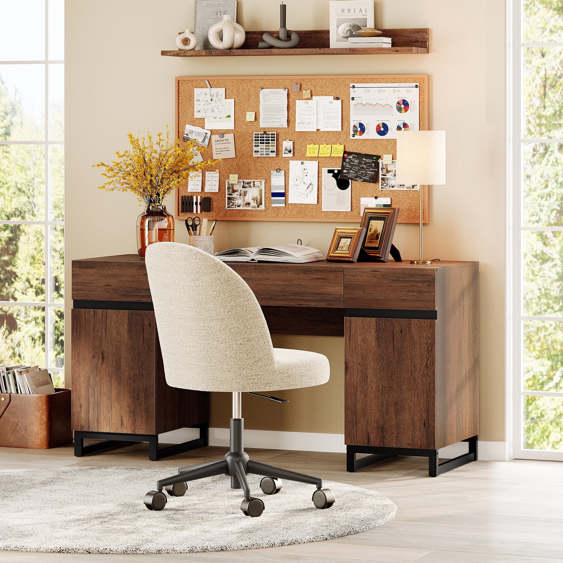 WAMPAT 59 Inch Modern Executive Desk, Home Office Computer Writing Desk with Built-in Charging Station, 3 Drawers, 2 Cabinets & File Drawer, Multifunctional Wood Work Study Desk, Brown