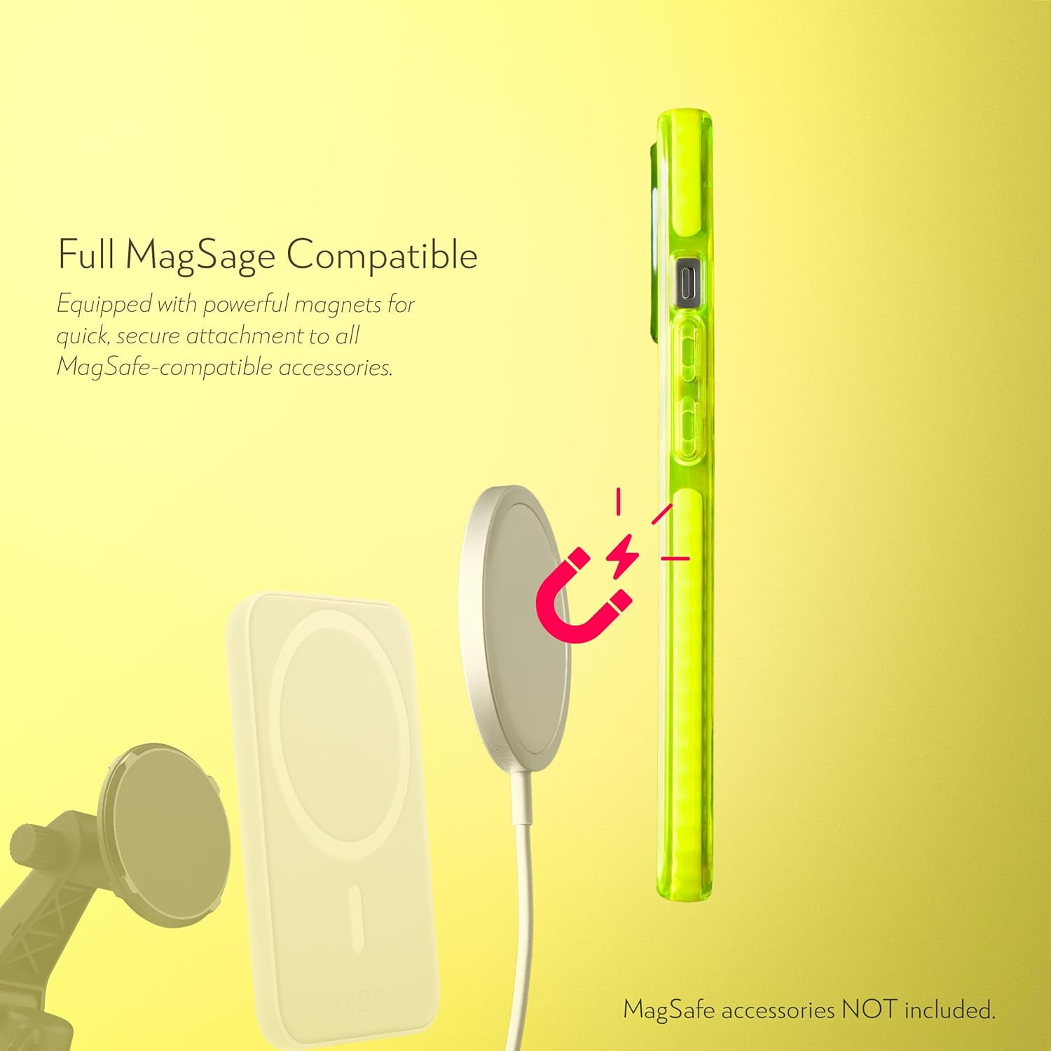 SteepLab Barrier MS Case for iPhone 15 - Compatible with MagSafe - Impact Absorbing Case with Strong Magnets - 360 Protection and Raised Bezel (Hi-Energy Neon Yellow)