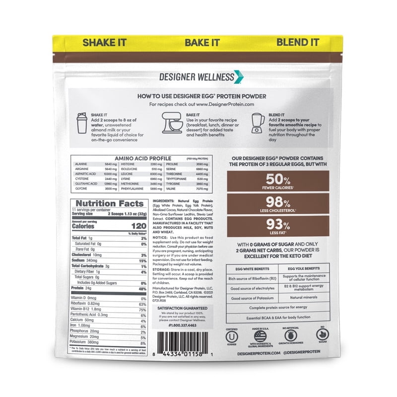 Designer Wellness , Designer Egg, Natural Egg Yolk & White Protein Powder, 24g Protein, Keto and Paleo Friendly, Less Fat and Cholesterol, Dutch Chocolate 12.4 Ounce