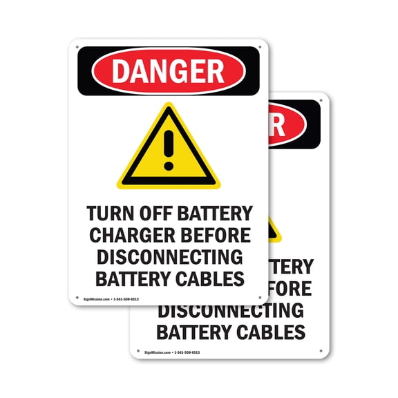 (2 Pack) Turn Off Battery Charger OSHA Danger Sign 7 Inch X 10 Inch Indoor / Outdoor Rust-Free Aluminum Metal Signs for Workplace, Workshop, and Construction Site, Made in the USA