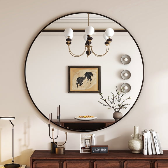 GRAHMCY 24" Round Bathroom Mirror Modern Circle Mirror Hanging or Wall Mounted, Black