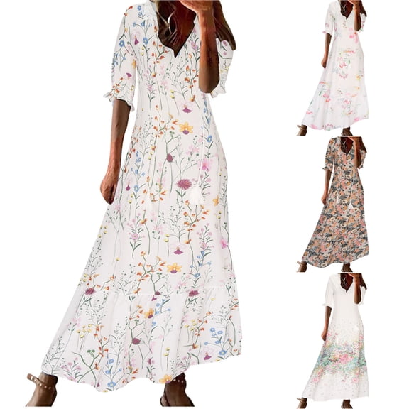 Horkkom Boho Dresses for Women 2025 Short Sleeve Tassel Tie Neck Floral Dress Summer Casual Beach Maxi Dresses White S