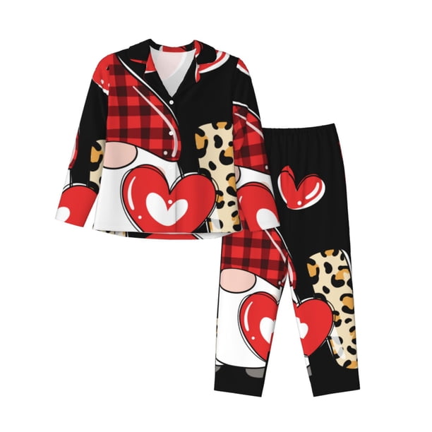Balery Love Gnomes Conjunto de Pijama con Estampado para Mujer, Conjunto de Dos Piezas con Manga Larga, Ropa de Dormir Suave con Bolsillos, Pijamas Cómodos-Large