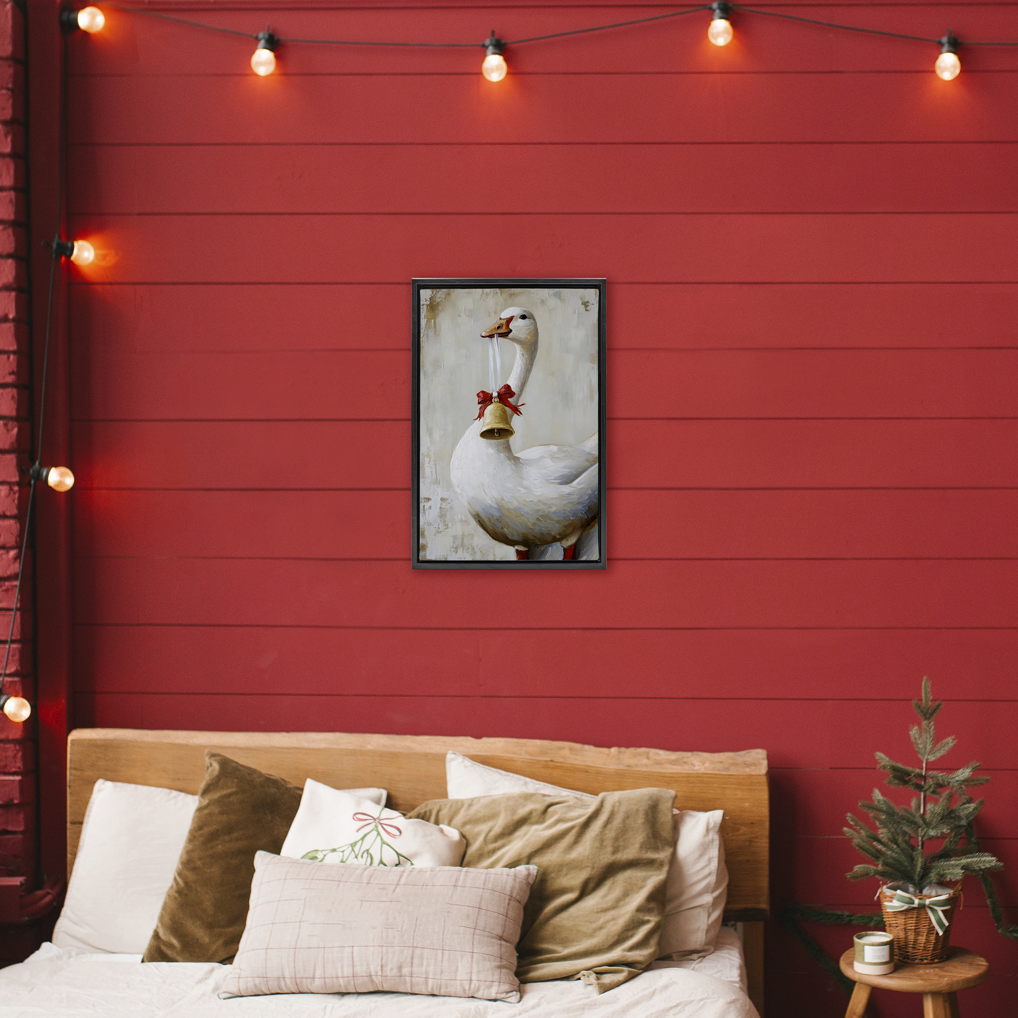 Festive Jingle Goose Black Framed Floater Canvas Wall Art, design by Petal Prints Design