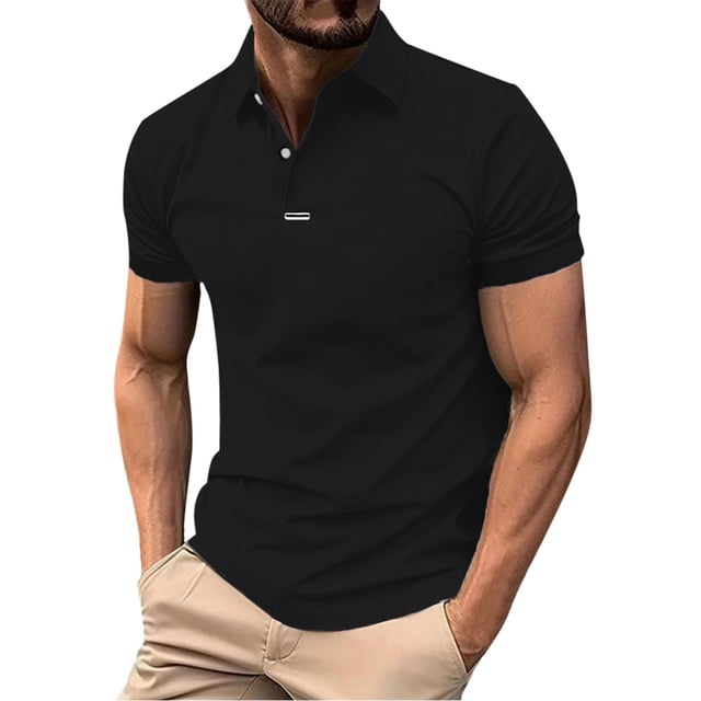 European Pure Color And Versatile Men Casual Loose Collar Button Open Collar Ribbed Sports Short Sleeved Shirt