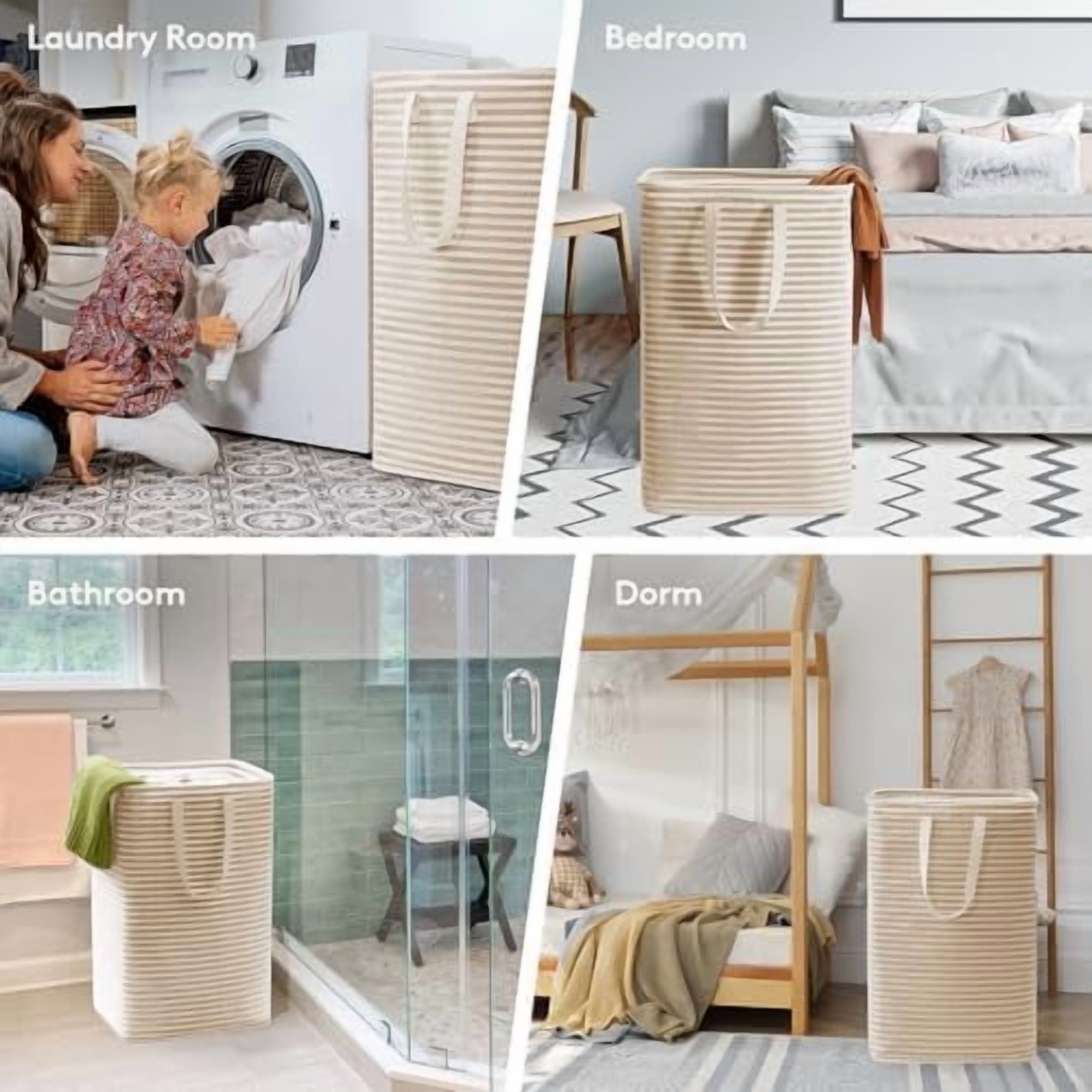 2 Pack Laundry Hamper Large Collapsible Laundry Baskets, Freestanding Waterproof Clothes Hamper with Easy Carry Handles in Laundry Room Bedroom Bathroom College Dorm, Beige, 2 x 80L