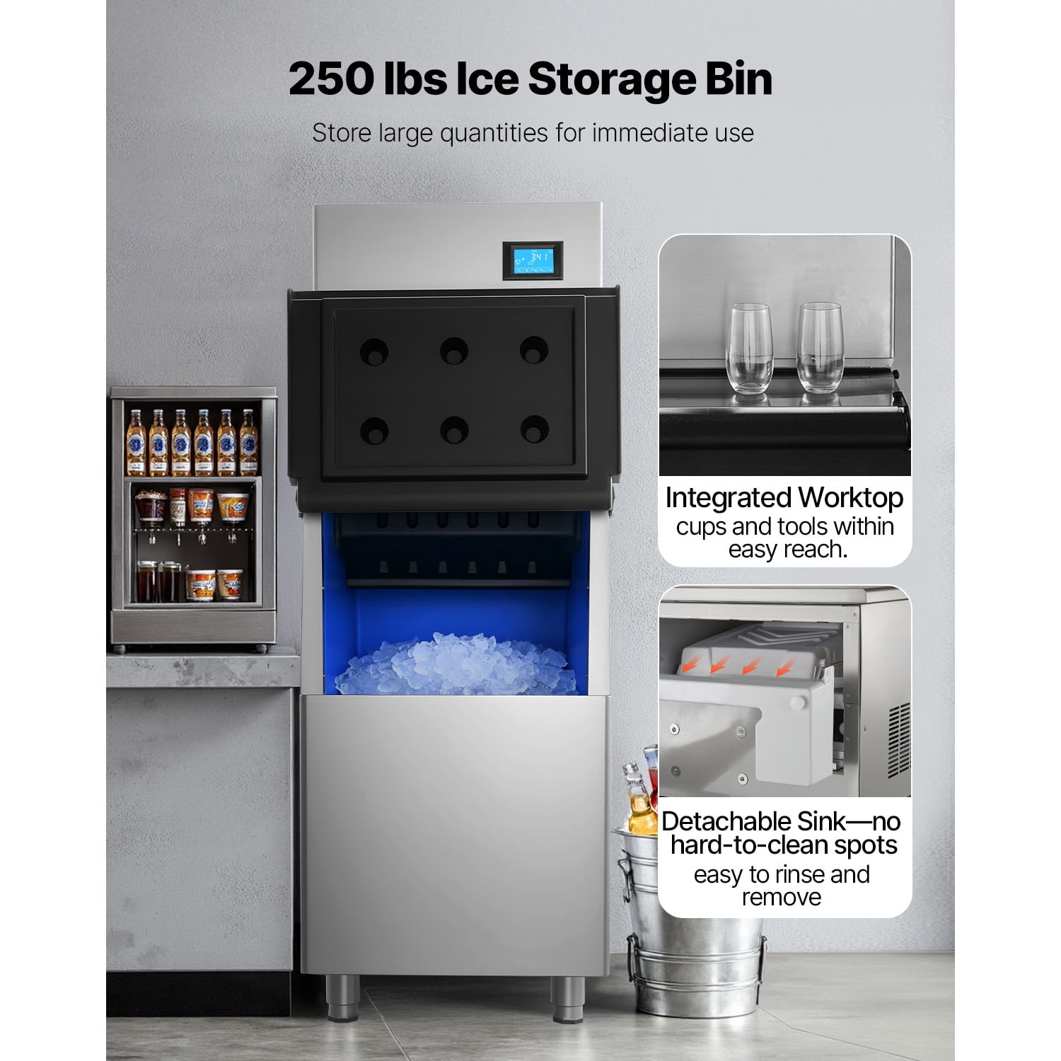 KFFKFF Commercial Ice Maker Machine, 360LBS/24H Ice Production with 250LBS Storage Capacity, Automatic Self-Cleaning Ice Maker with Touchscreen for Bars, Cafes, Restaurants, and Businesses